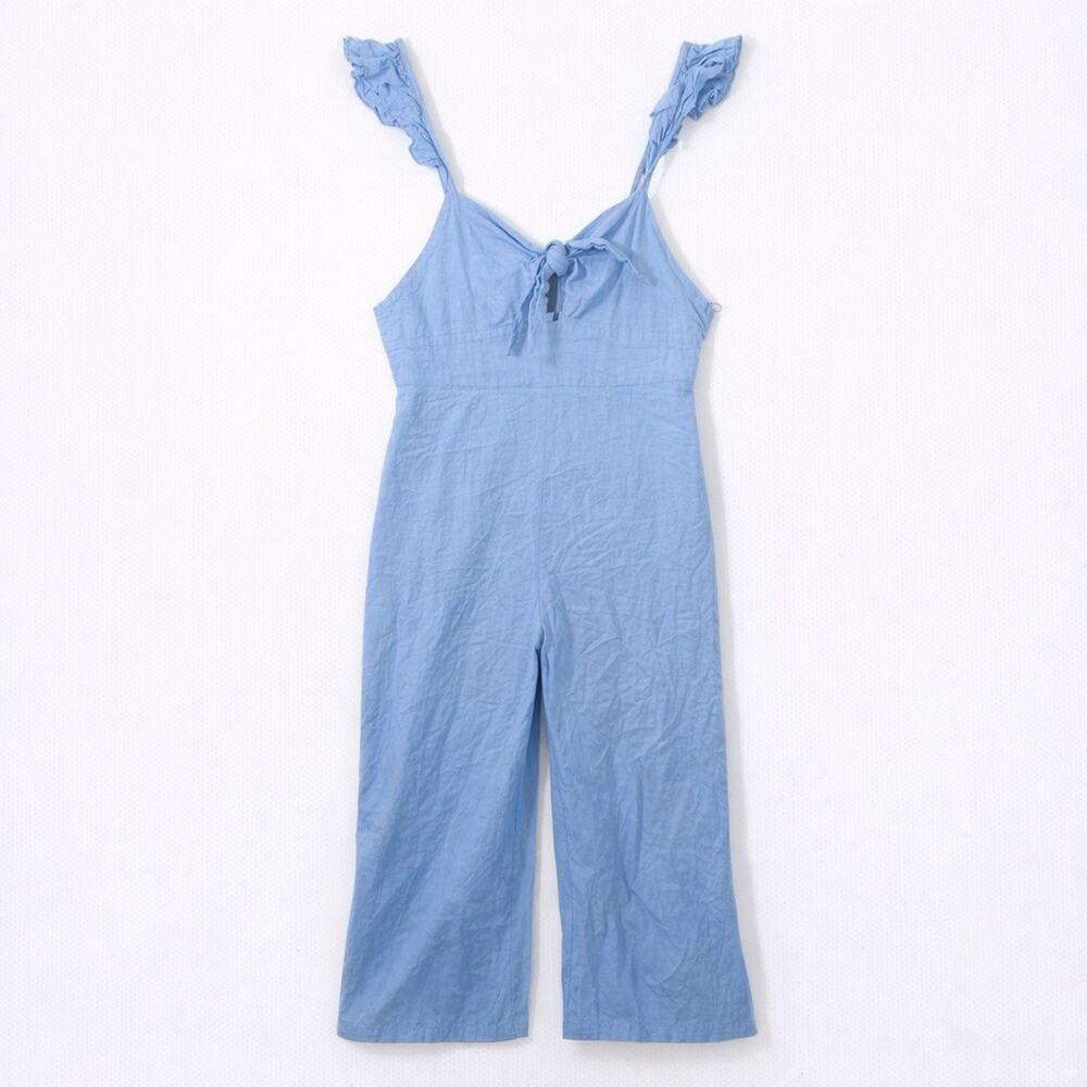 Zara Cottagecore Linen Blend Blue Cutout Wide Leg Romper Sz L Ruffle and Cut-Out